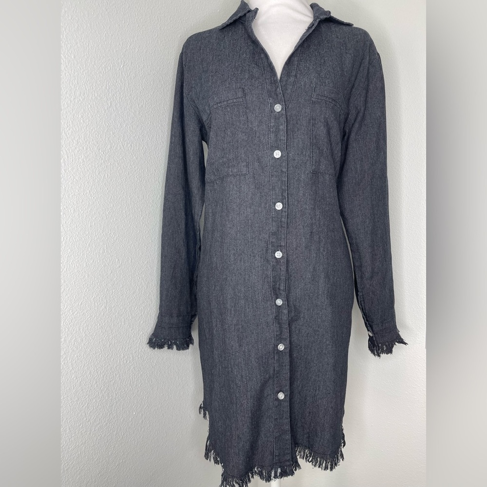 NWT Francis Cabrel Gray Denim Long Sleeve Frayed Hem Button Front Dress Size Sm - Picture 5 of 13
